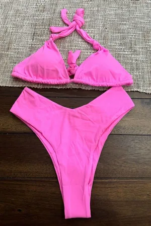 Neon Pink Bikini Set Size S NWT High Cut Halter Swimsuit thumbnail 1