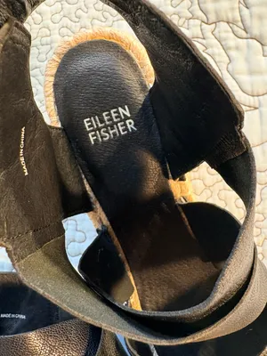 ☀️Eileen Fisher Willow Black Leather Espadrille Wedge Sandals Sz 7.5🧡 thumbnail 7