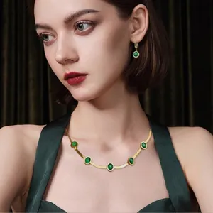 18K Gold Plated Emerald green snake Necklace SET Stainless Steel womens jewelry thumbnail 2