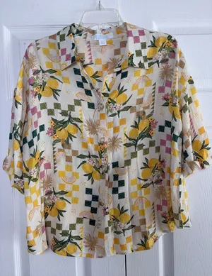 Bunulu Lemon Fruit Print Button Down Shirt Womens Size L Yellow Tropical Rayon thumbnail 1