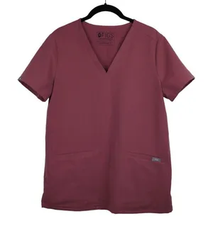 FIGS Technical Collection Casma V‎ Neck Scrub Top Womens Small Burgundy Stretch thumbnail 1