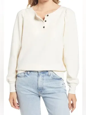 Madewell Henley Puff Sleeve Sweatshirt In Antique Cream XS thumbnail 1