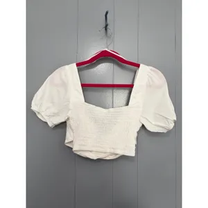 Hello Molly White Linen Cotton Puff Sleeves Criss Cross Smocked Crop Top S thumbnail 4