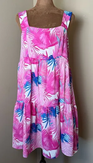 NWT Adrienne Bold Palm Tiered Dress Women Large Pink White Resort Tropical Beach thumbnail 1