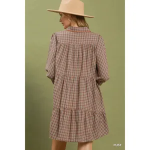 Umgee Plaid Button Down Oversized Shirt Dress - Rust - Medium thumbnail 3