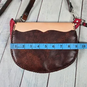 Handcrafted Tooled Leather Feather‎ Crossbody Bag Red Tan Whipstitch Boho Purse thumbnail 11