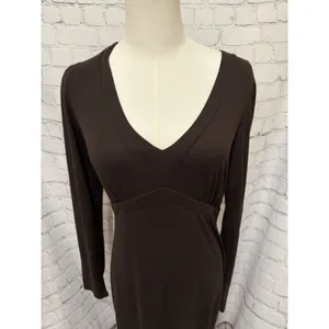 Ann Taylor LOFT Brown Pullover V Neck Dress Long Sleeve Rayon Blend Size 4 thumbnail 2
