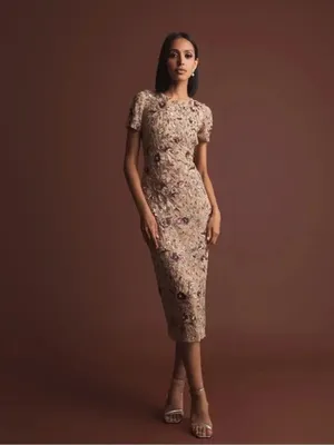 NWT MAC DUGGAL 10102 Beige Floral Embellished Short Sleeve Midi Dress Size 4 thumbnail 4