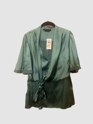 Y2K Vintage BCBGMaxazria Teal Green Silk Blouse with Oversized Sleeves thumbnail 2