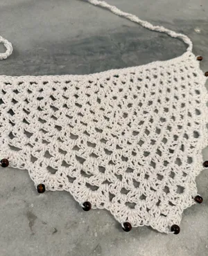 Handmade Crochet Wood Beaded Kerchief Head Scarf Cotton Boho Bandana Cottagecore thumbnail 1