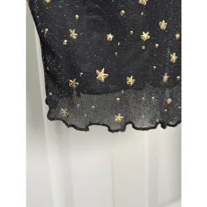 Celestial Star Mesh Top Womens Size S Black Gold Foil Y2K Sheer Mock thumbnail 4