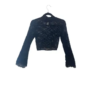 Womens Lace Crop Top Small Black Bell Sleeve Mock Neck Goth Whimsigoth‎ Festival thumbnail 4