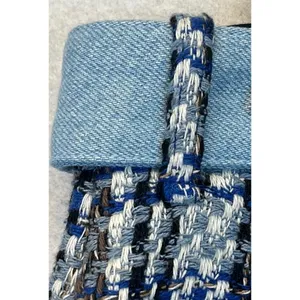 ZARA Mini Skirt Tweed Denim‎ Waist Women XL Blue White Plaid Wrap NWT thumbnail 14
