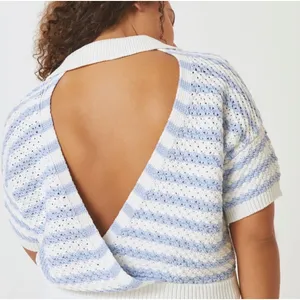 Maeve Anthropologie Knit Polo Top Womens Large Blue White Striped Surplice Back thumbnail 3