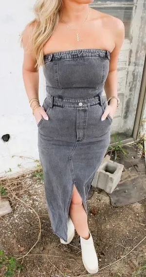 Blue Blush Strapless Denim Midi Dress Washed Black Front Slit Tube Top XS thumbnail 1