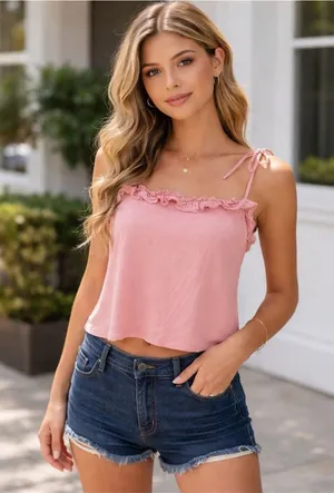 Y2K Pink Ruffle Tie Strap Crop Top Boho Babydoll‎ Cami Size Medium thumbnail 1