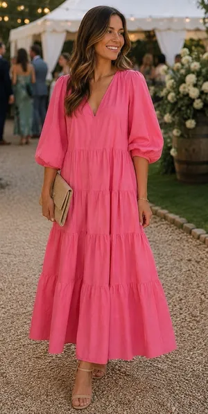 Zara Poplin Panelled Maxi Dress Bright Pink Size Large Wedding Party Event thumbnail 1