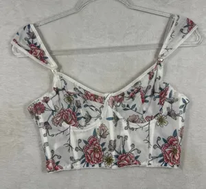 Floral Mesh Corset Top White Pink‎ Bustier Sweetheart Neckline Boning Size M thumbnail 1
