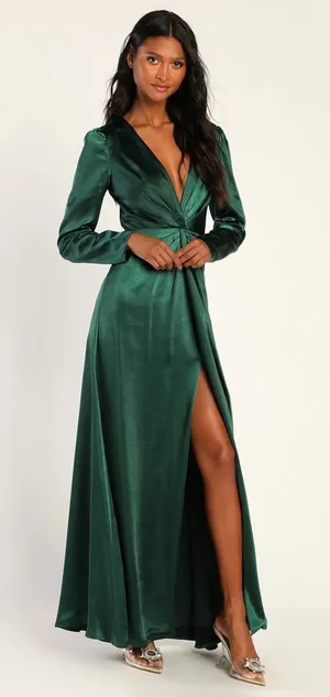 Lulus Endearing Elegance Emerald Green Satin Long Sleeve Dress Wedding Large thumbnail 1