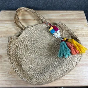 Zara Accessories Jute Woven Round Tote Bag Tassel Shell Charm Tan Boho Beach thumbnail 1