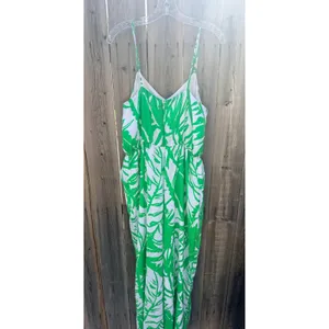 Lilly Pulitzer 20th Anniversary Green and White Tropical Print Satin Jumpsuit Lg thumbnail 6