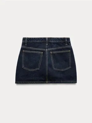 Zara dark wash crossover waist denim mini skirt size small thumbnail 9