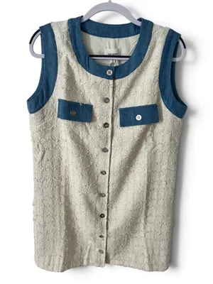 Heyson Cream Tweed Button-Front Sleeveless Dress with Blue Trim thumbnail 1