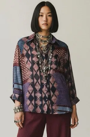 Glamorous 70s Style Boho Western Patchwork Sheer Blouse Size 10 thumbnail 1