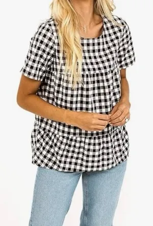 Roolee Gingham Linen Cotton Coastal Cowgirl Boho Fisherman Resort Blouse M thumbnail 1