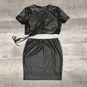 Timing Black Faux Leather Mini Skirt Set M Tie V Neck Crop Top Clubwear Baddie thumbnail 7