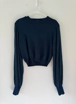 Free People Let It Shine Sweater Metallic Knit Cropped Balloon Sleeves Sz Small thumbnail 1
