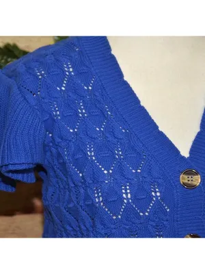 ANOTHER LOVE Size L Pointelle MIRA Flutter Sleeve Cardigan Sweater Cobalt Blue thumbnail 5