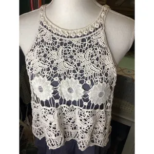 Entro Women Blue Tiered Ruffle Crochet Lace Halter Top T4462 Large thumbnail 2