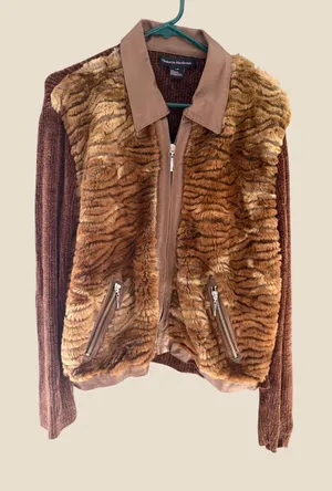 Victoria Harbour Y2k Brown Tiger Faux Fur Chenille Leather Trim Zip Jacket‎ L thumbnail 1