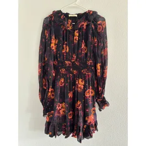 Ulla Johnson Adara Dress Womens 2 Black‎ Orange Mini Floral Silk Smocked Party thumbnail 2