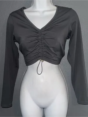 Buffbunny Women's Grey Long Sleeve Ruched Crop Athletic Top Medium thumbnail 2