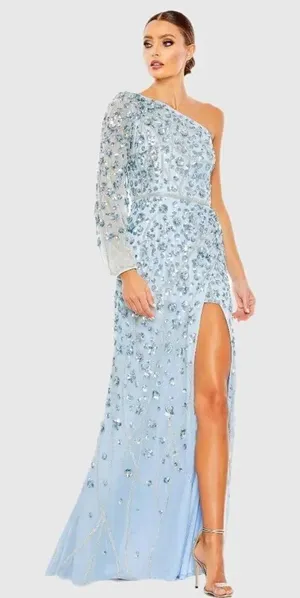 MAC DUGGAL Blue Embellished One Sleeve Faux Wrap Gown Dress 8 thumbnail 1