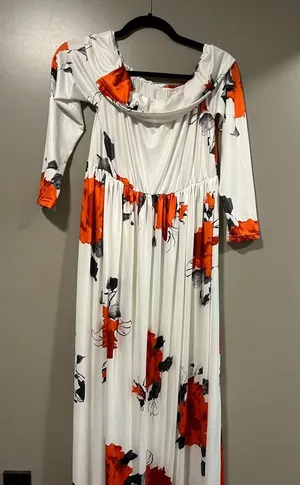 White Maxi Dress with Orange Floral Print and Cowl Neck thumbnail 1