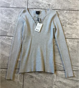 Bardot Grey Kym Lace Up Top Long Sleeve Ribbed Knit V-Neck Sweater Size S NEW thumbnail 1