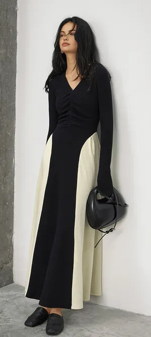 Commense Elegant Contrast Black Cream V-Neck Panel Pleated Long Sleeve Maxi XS thumbnail 1