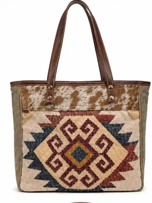 Myra Bag Southwestern Woven Rug Hair-On Hide Canvas Leather Tote thumbnail 1