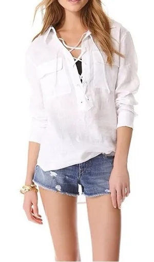 RD Style Women’s Sz Medium Lace Up Top Long Sleeve Collared Chest Pockets Cotton thumbnail 1