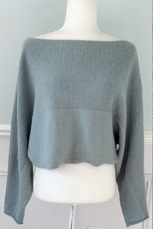 M. Rena Off-the-Shoulder Light Blue Sweater Sz Small Ribbed Oversized Cropped thumbnail 1