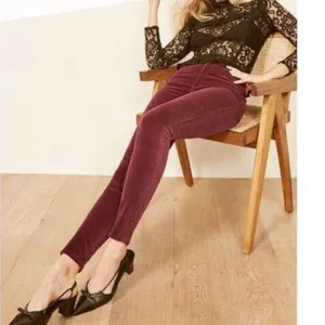 Reformation Rebecca pants fitted slim skinny leg velvet velour red burgundy 28 thumbnail 2