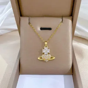 18K Gold Plated Flower Planet Light Luxury Temperament Gorgeous Full Diamond Necklace thumbnail 1