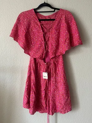 Free People Florence Lace-up-Back Mini Dress Pink Floral Small NWT thumbnail 1