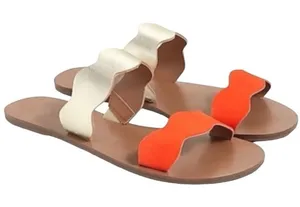 J.Crew Scalloped gold Metallic orange Leather Sandals slides Resortwear Vacation thumbnail 1