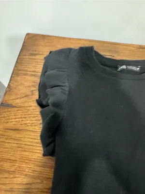 Zara Black Ribbed Tee with Layered Ruffle Sleeves thumbnail 2
