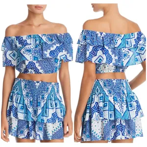 NWT RAMY Brook Milo Blue Printed Off The Shoulder Cropped Top Large Ruffle thumbnail 2