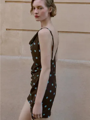 Zara Brown Mini Dress with Blue Polka Dots thumbnail 3